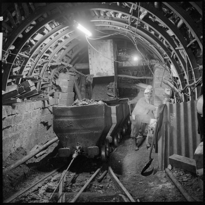 Black and white film negative showing drams underground,  Ammanford Colliery 7 September 1976.  'Ammanford, 7 Sep 1976' is transcribed from original negative bag.