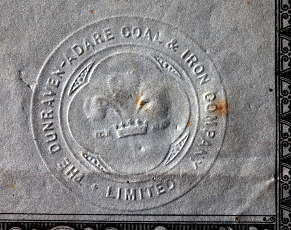 Dunraven Adare Coal & Iron Co. Ltd., share certificate