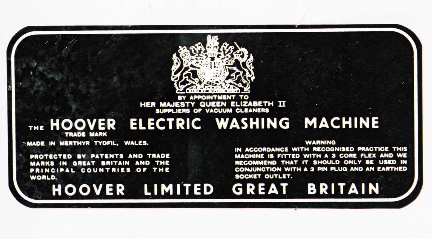 Manufacturer's label on the Hoover 'Keymatic' electric washing machine