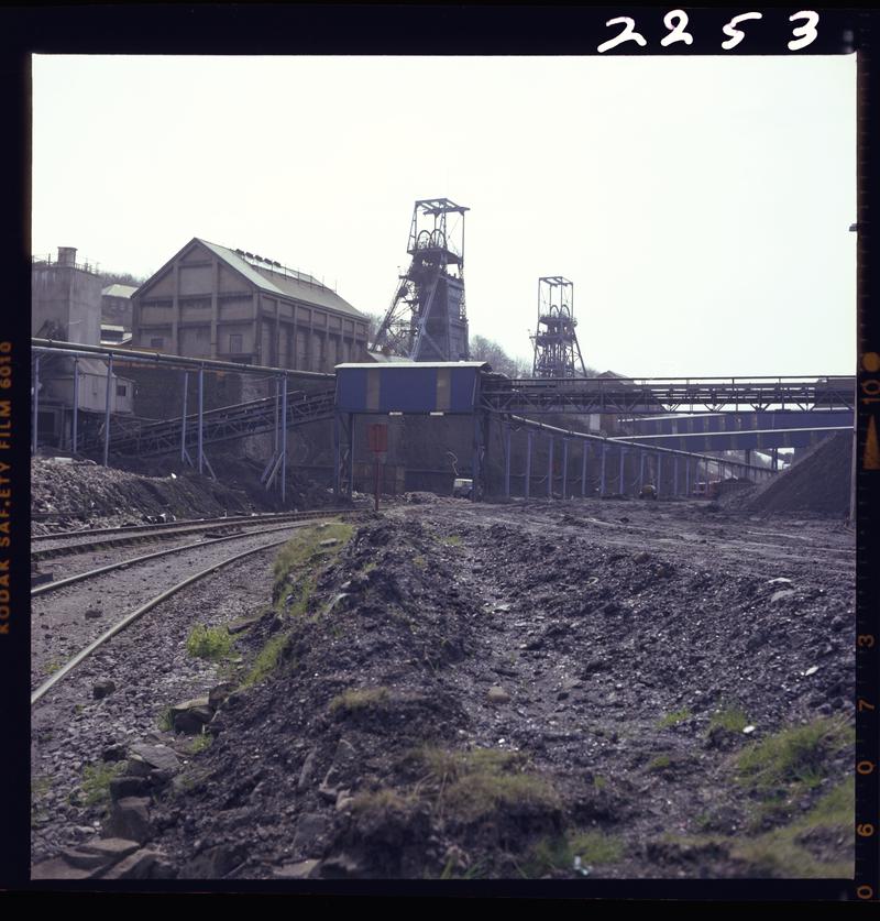 Colour film negative showing a surface view of Oakdale Colliery, 16 April 1981.  'Oakdale 16/4/81' is transcribed from original negative bag.