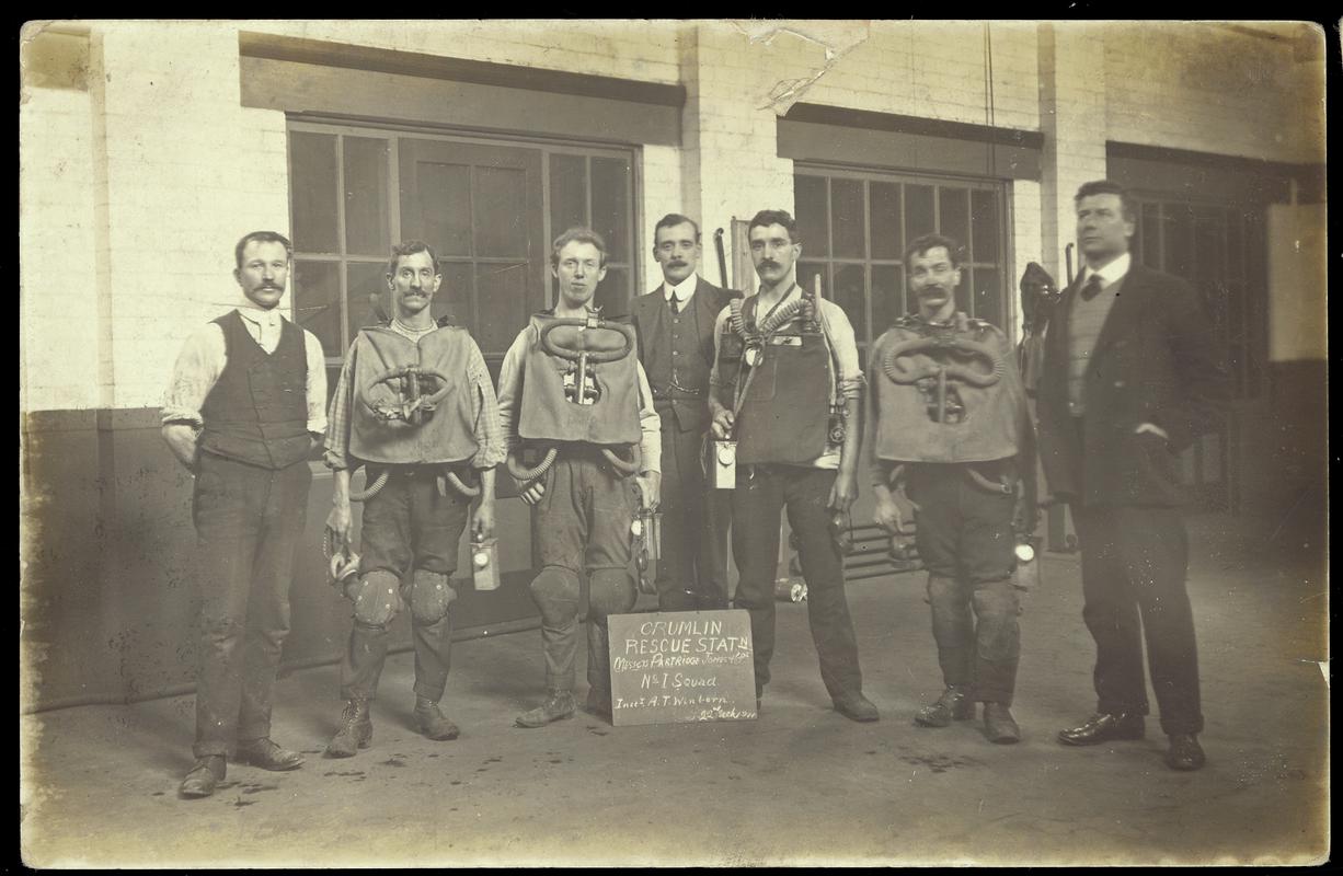 Llanhilleth Colliery rescue team (including brothers Charles and Albert Adams) wearing full breathing apparatus at Crumlin Rescue Station