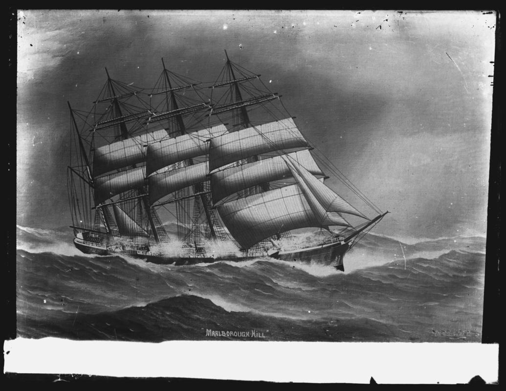 Photograph of a painting showing a 3/4 starboard bow view of the four-masted barque MARLBOROUGH HILL. Title of painting - Marlborough Hill.