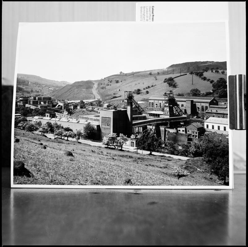 Black and white film negative of a photograph showing a general surface view of Ogilvie Colliery.  'Ogilvie' is transcribed from original negative bag.