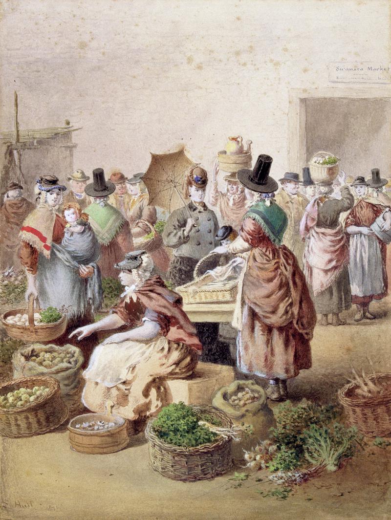 Swansea market by E. Hull, 1871 (watercolour)