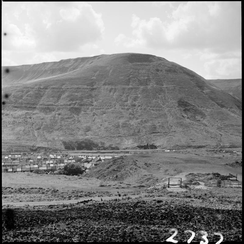 Black and white film negative showing a view of the Rhondda Valley.  'Top of Rhondda Valley' is transcribed from original negative bag.