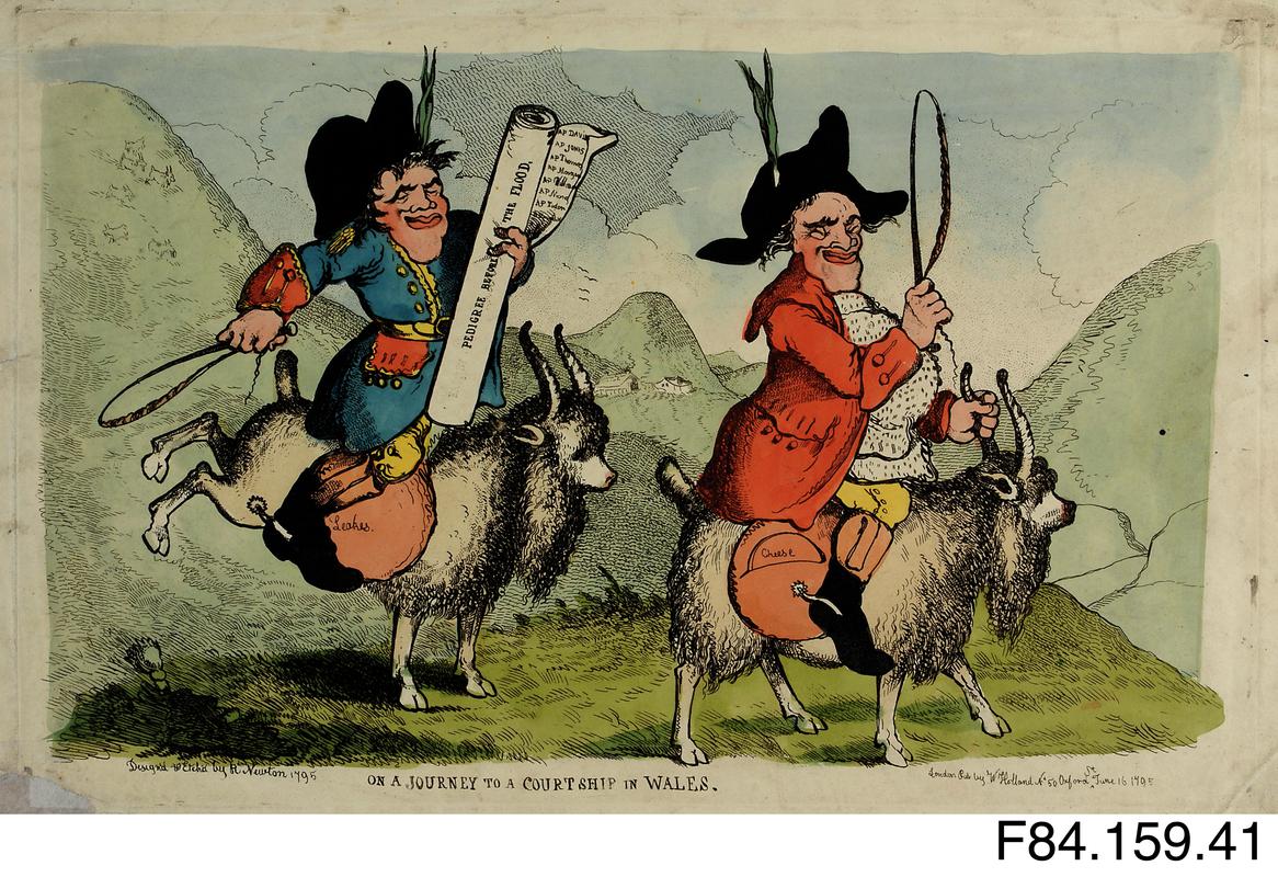 Satirical print of two gentlemen riding goats