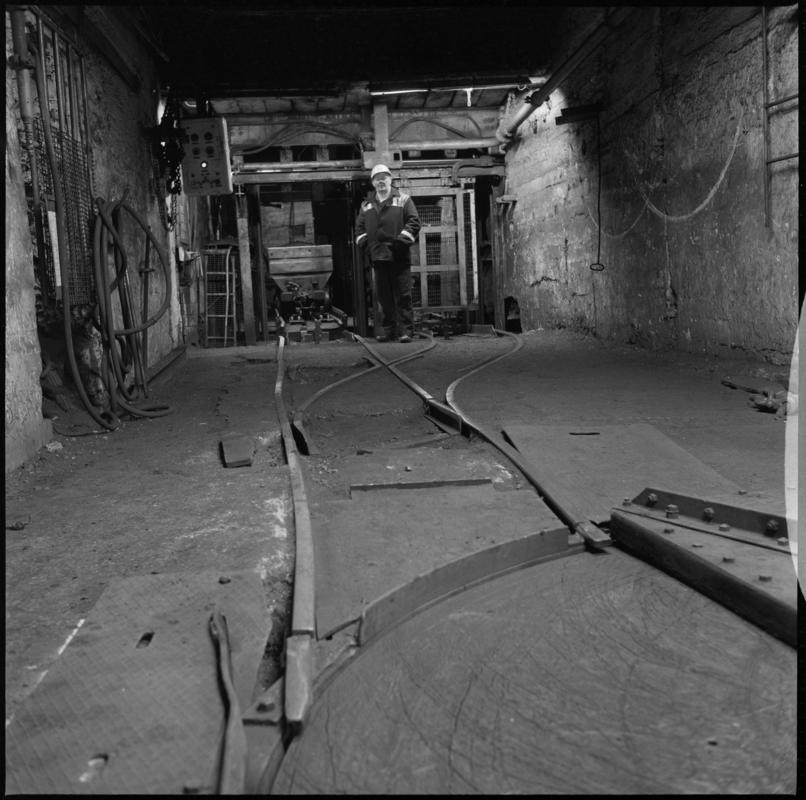 Black and white film negative showing pit bottom, Wyndham Colliery. 'Wyndham' is transcribed from original negative bag.