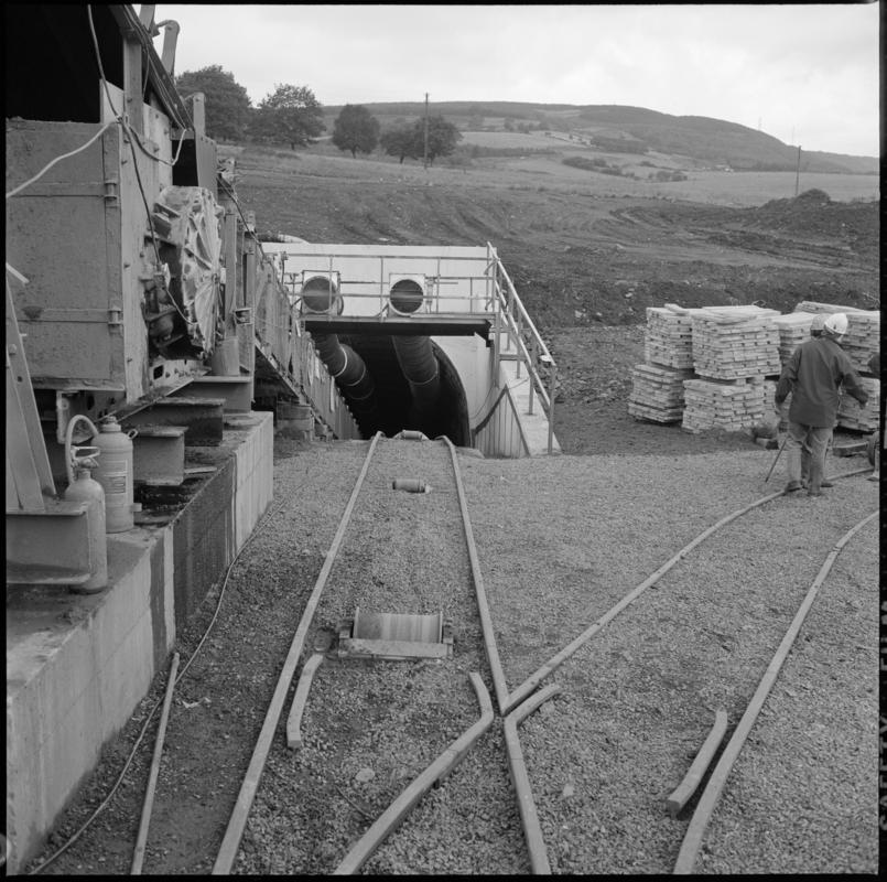 Black and white film negative showing Treforgan new mine entrance, September 1979.  'Treforgan drift Sept 1977' is transcribed from original negative bag.