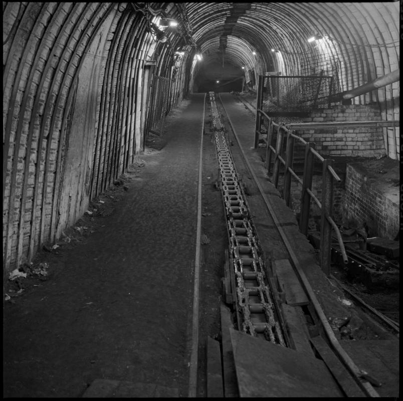Black and white film negative showing an underground track, Deep Duffryn Colliery 1978.  'Deep Duffryn 1978' is transcribed from original negative bag.