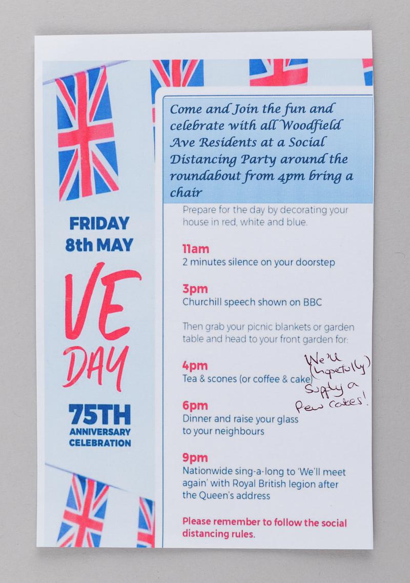 Leaflet for a social distancing party to celebrate the 75th anniversary of VE Day, 8 May 2020.