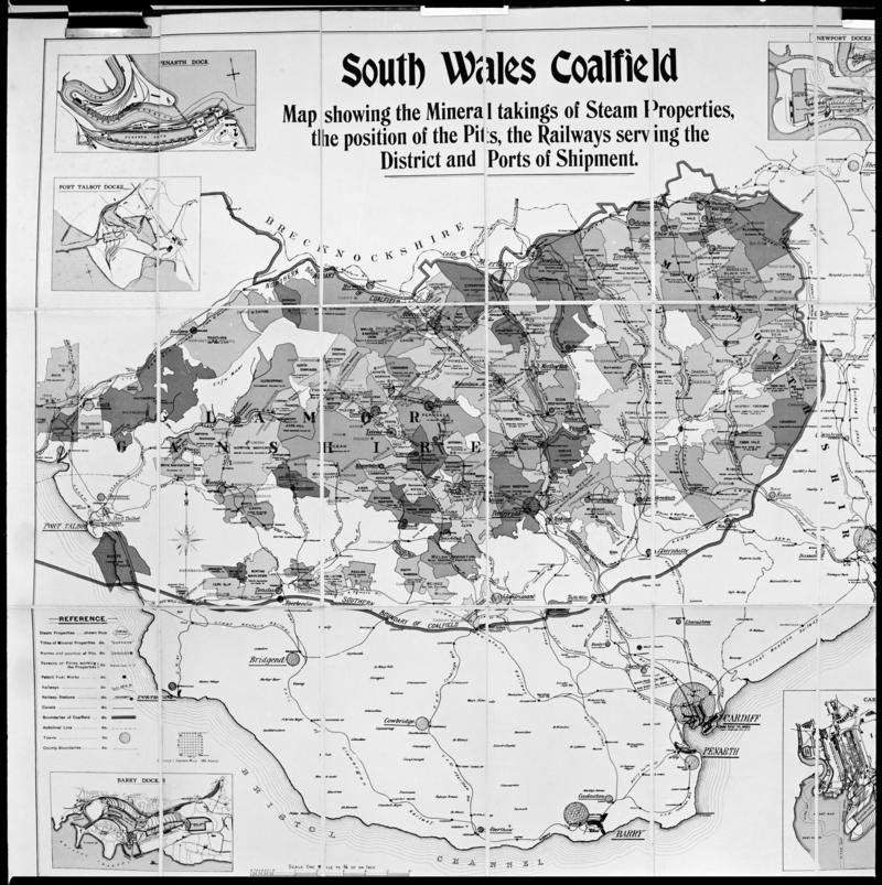 Black and white film negative of a 'South Wales Coalfield Map showing the mineral takings of Steam Properties, the position of the Pits, the Railways serving the District and Ports of Shipment'.