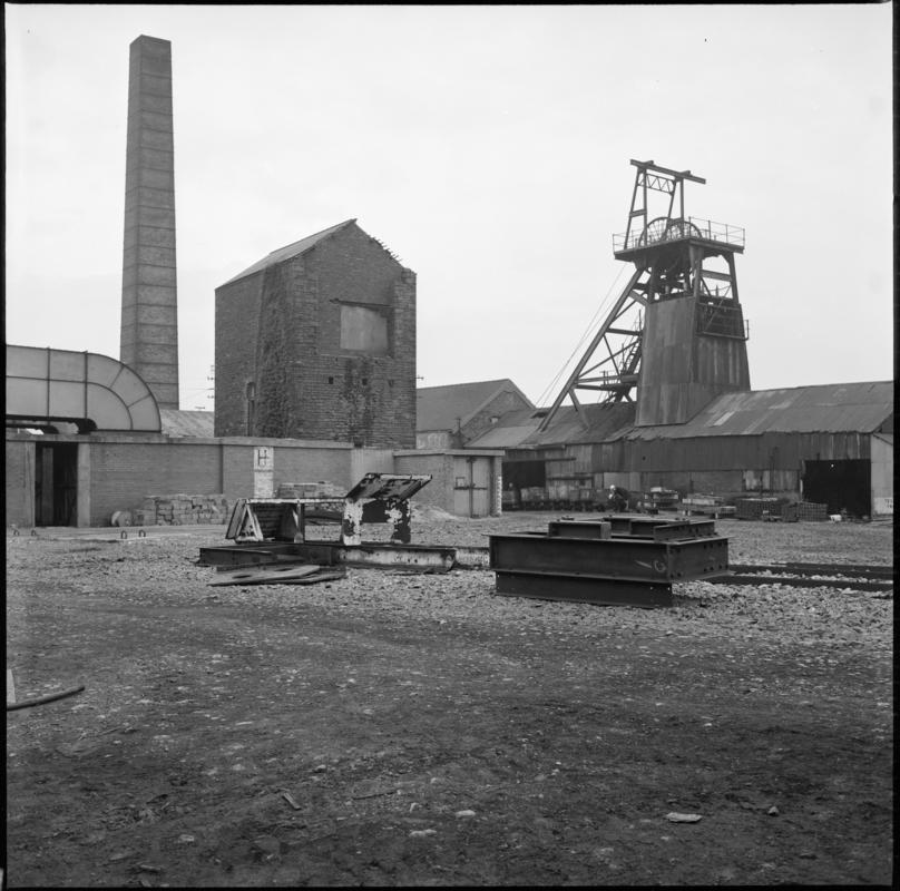 Black and white film negative showing a general surface view of Morlais Colliery, 12 November 1975.  'Morlais 12 Nov 1975' is transcribed from original negative bag.