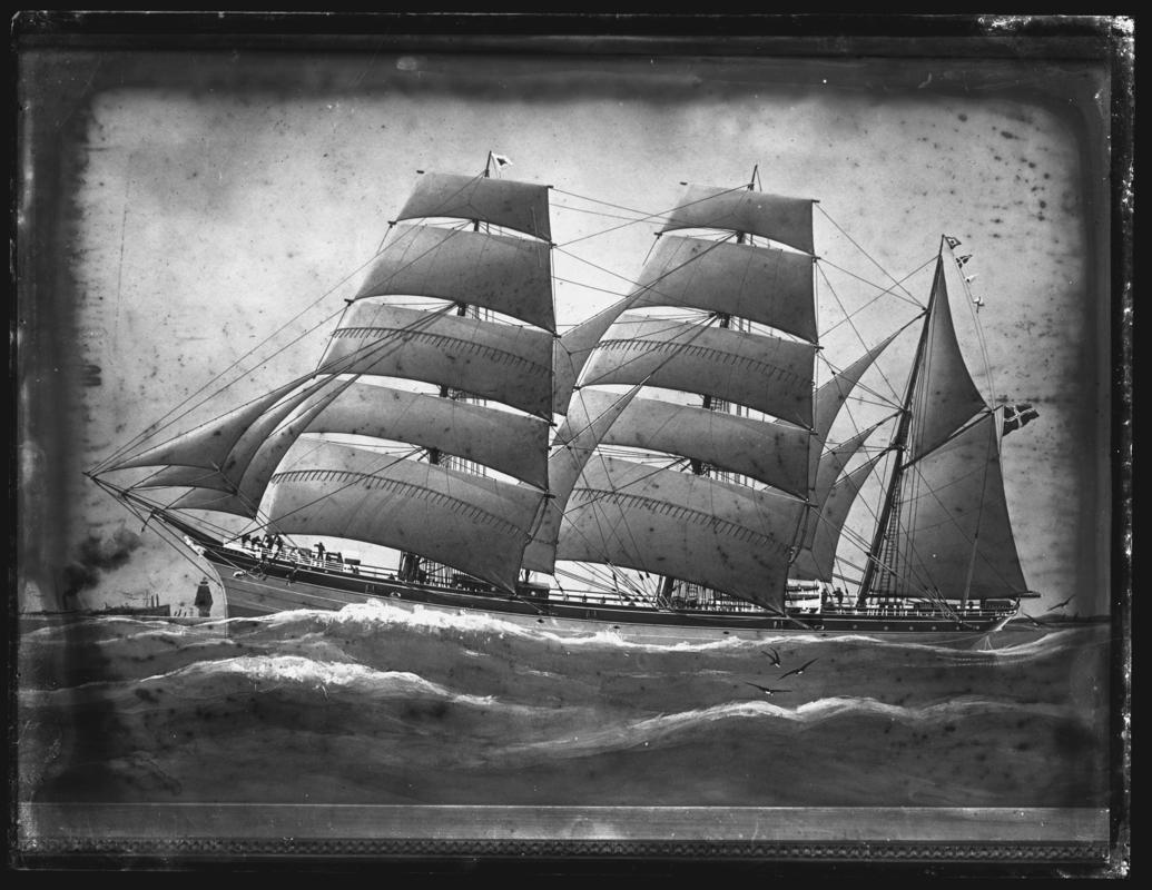 Photograph of a painting showing a port broadside view of the three-masted barque GRANDE.