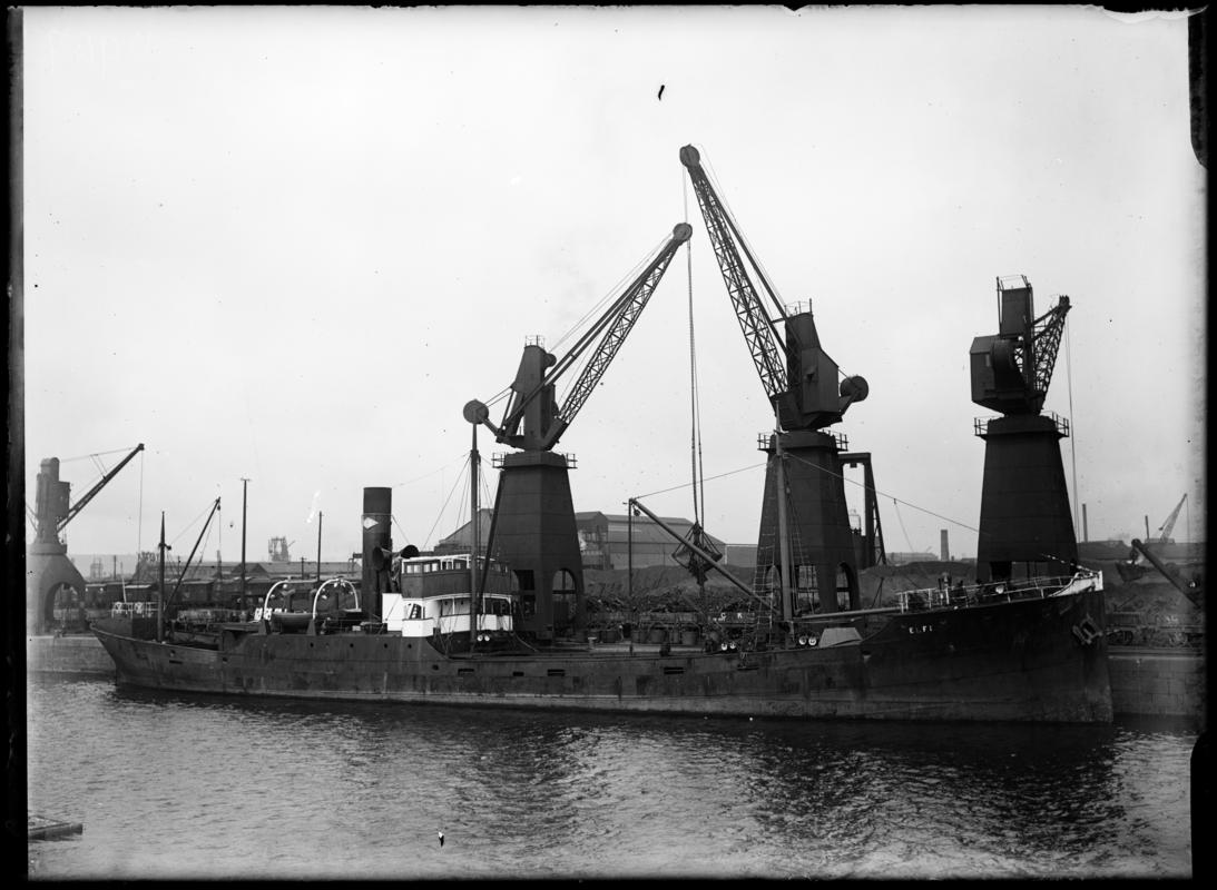 Starboard broadside view of S.S. ELFI at Cardiff Docks, c.1936.