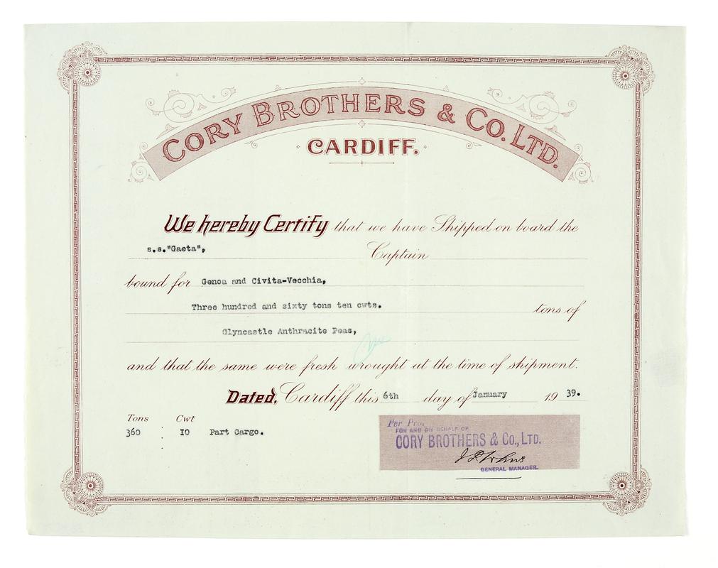 Cory Brothers & Co. Ltd., Cardiff, certificate of lading for Glyncastle Anthracite peas shipped on the S.S. GAETA bound for Genoa and Civita-Vecchia. Dated 6 January, 1939.