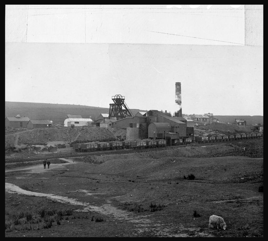 Black and white film negative of a photograph showing a surface view of Onllwyn Colliery.