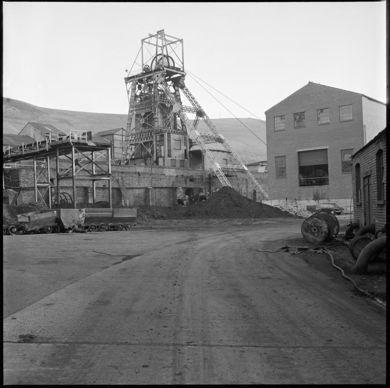 Black and white film negative showing the upcast shaft, Merthyr Vale Colliery 15 January 1976.  'Merthyr Vale 15/1/76' is transcribed from original negative bag.