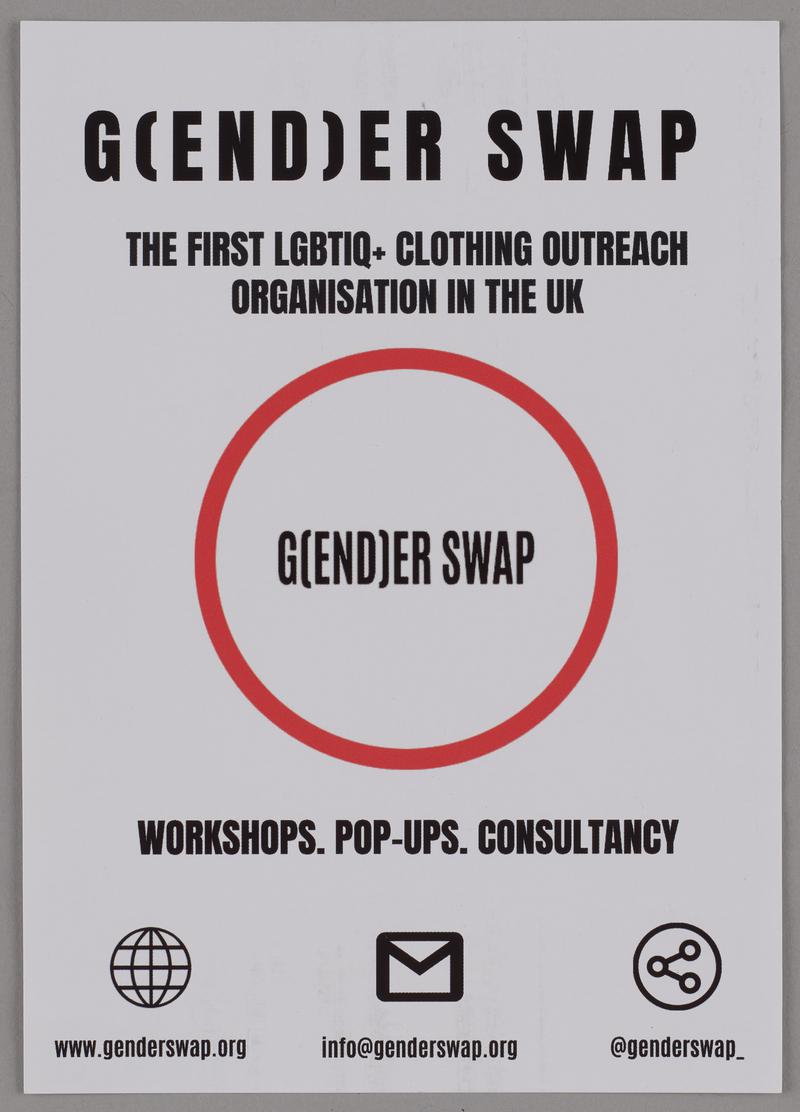 G(end)er Swap' flyer 'The first LGBTIQ+ clothing outreach organisation in the UK'.