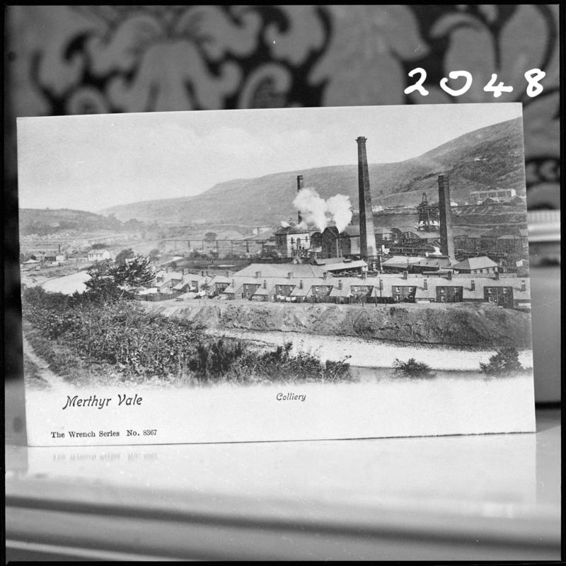 Black and white film negative of a photograph showing a general surface view of Merthyr Vale Colliery.  'Merthyr Vale' is transcribed from original negative bag.