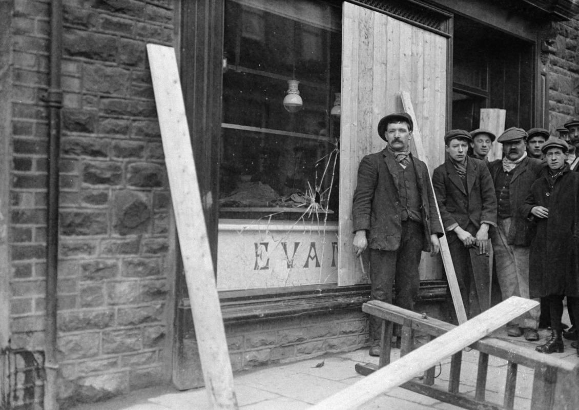 Cambrian Combine Strike. A butcher's smashed windows after the riot in Blaenclydach