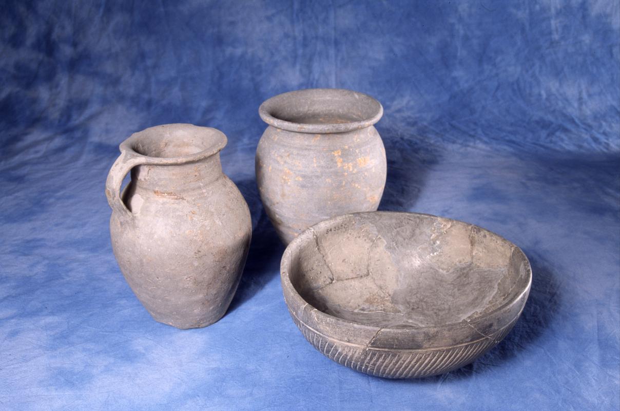 pottery roultetted bowl,  pottery jug, jar