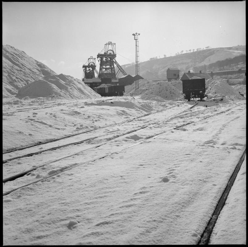 Black and white film negative showing a surface view of Merthyr Vale Colliery.  'Merthyr Vale' is transcribed from original negative bag.