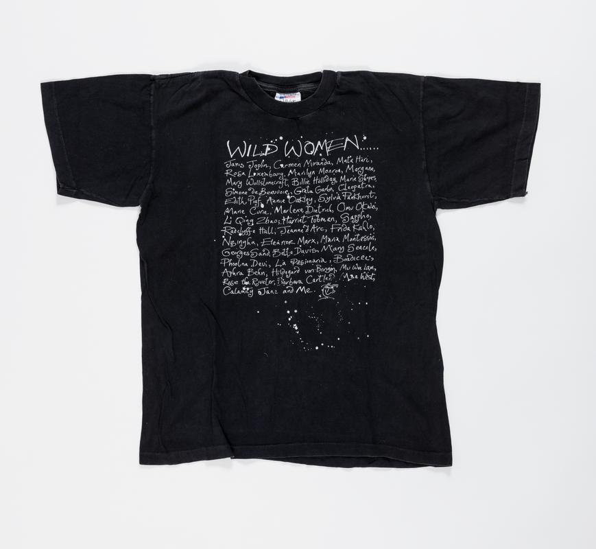 Black t-shirt with words 'Wild Women' followed by a list of famous women and words 'and me' at end.