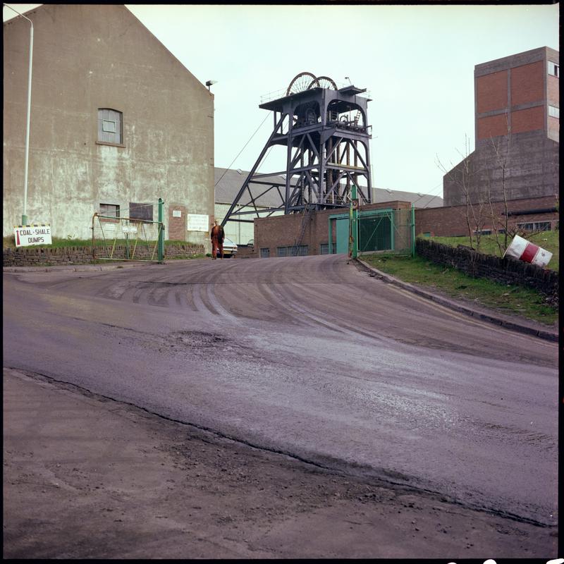 Colour film negative showing a view of the headgear, Cwm Colliery April 1981. 'Cwm 4/81' is transcribed from original negative bag.