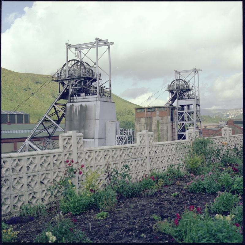 Colour film negative showing the upcast and downcast shafts, Taff Merthyr Colliery.  'Taff Merthyr' is transcribed from original negative bag.