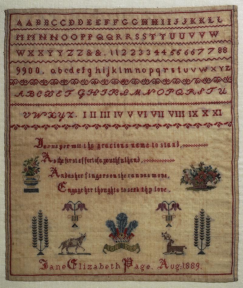 Sampler (alphabet, verse & motifs), made in Cardiff, 1889