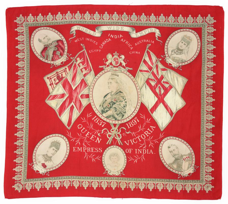 Printed handkerchief commemorating Queen Victoria's Diamond Jubilee, 1897.