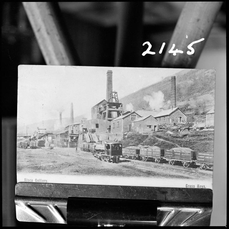 Black and white film negative of a photograph showing a general surface view of Risca Colliery.  'Risca' is transcribed from original negative bag.
