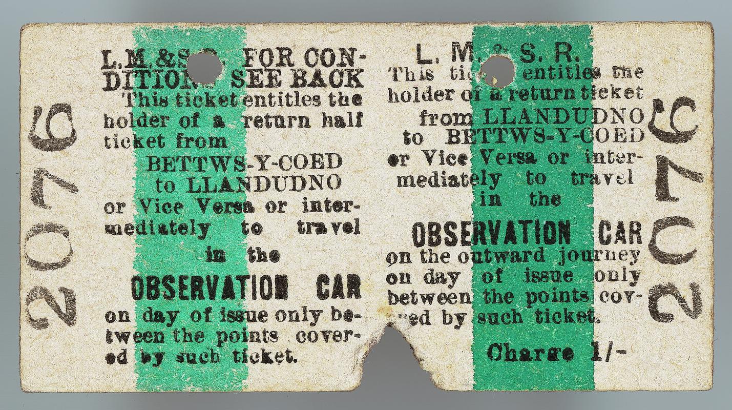 L.M. & S.R. ticket from Bettws-y-Coed to Llandudno and return in the observation car. Ticket no. '2076'.