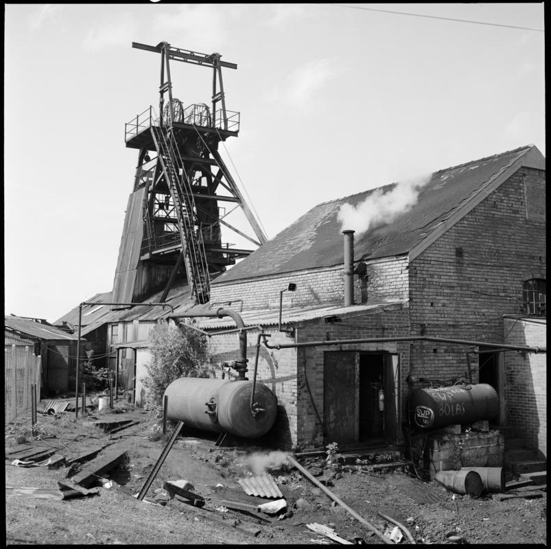 Black and white film negative showing a view of the headgear, Morlais Colliery 13 May 1981.  'Morlais 13/5/81' is transcribed from original negative bag.