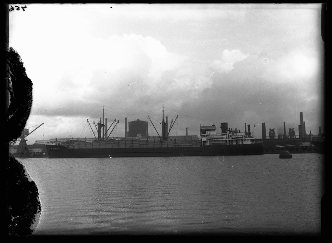 Port Broadside view of M.V. ANDREES at Cardiff Docks. c.1936.