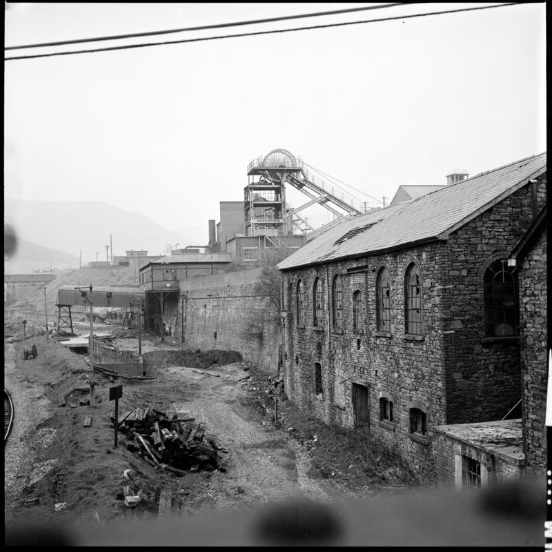 Black and white film negative showing a surface view of Ffaldau Colliery, 15 April 1980.  'Ffaldau 15/4/80' is transcribed from original negative bag.