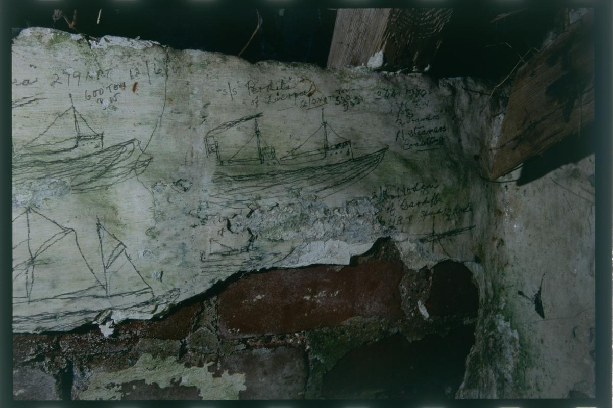 Graffitied tŷ bach in a garden in Trefin, slide