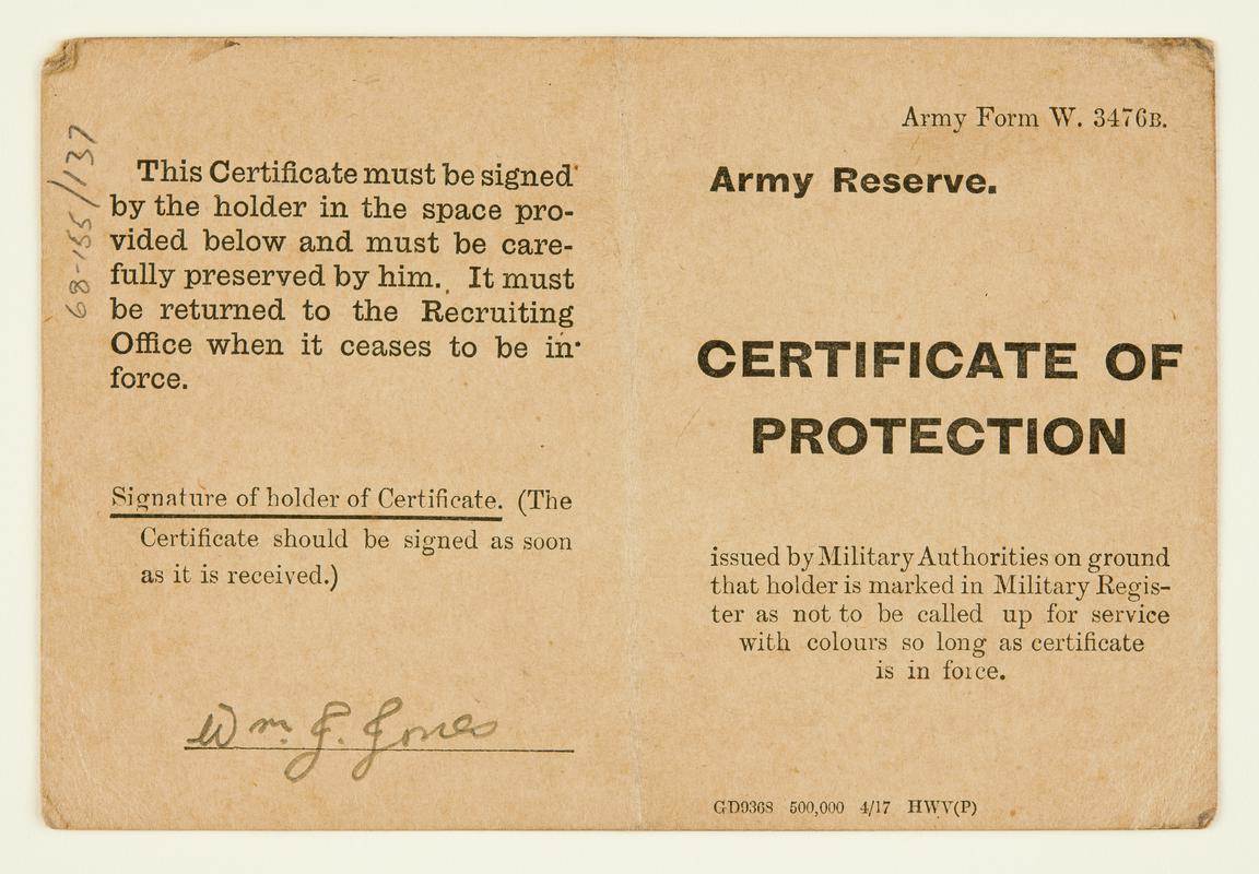 Certificate of protection W.J. Jones