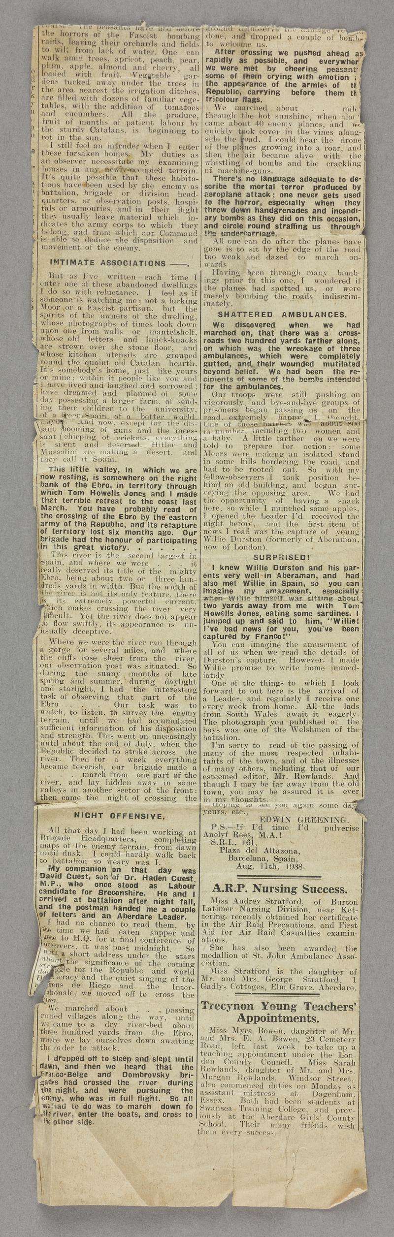 Newspaper cutting containing letter from Edwin Greening writing from Spain (Aberdare Leader 1938). Half of top line missing.