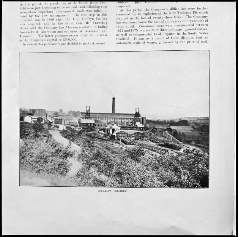 Black and white film negative showing a general surface view of Penallta Colliery, photographed from a publication.  'Penallta Colliery' is transcribed from original negative bag.