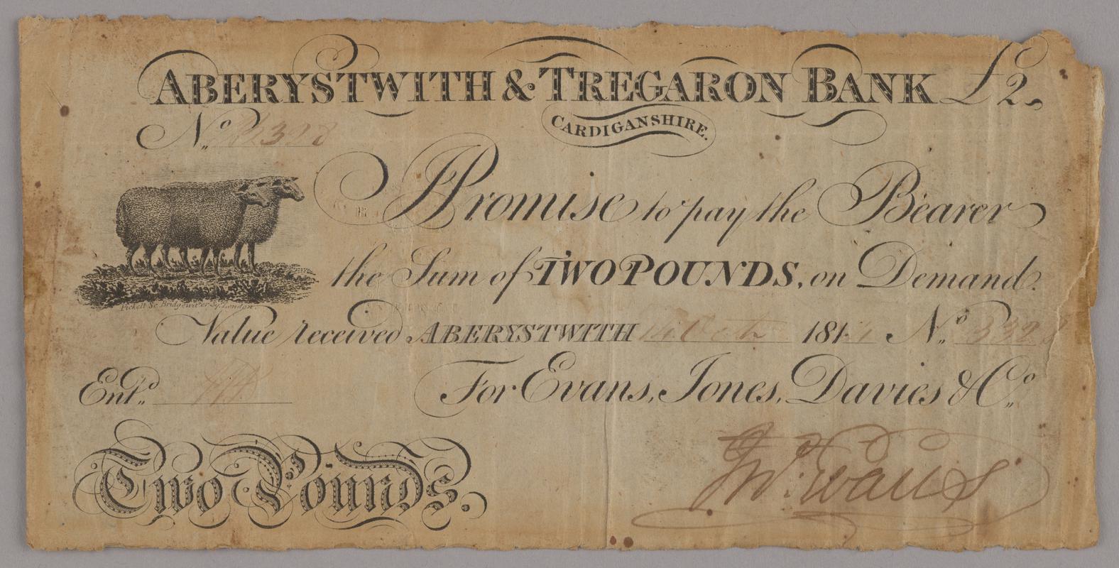 Aberystwith & Tregaron Bank two pounds bank note, 1814