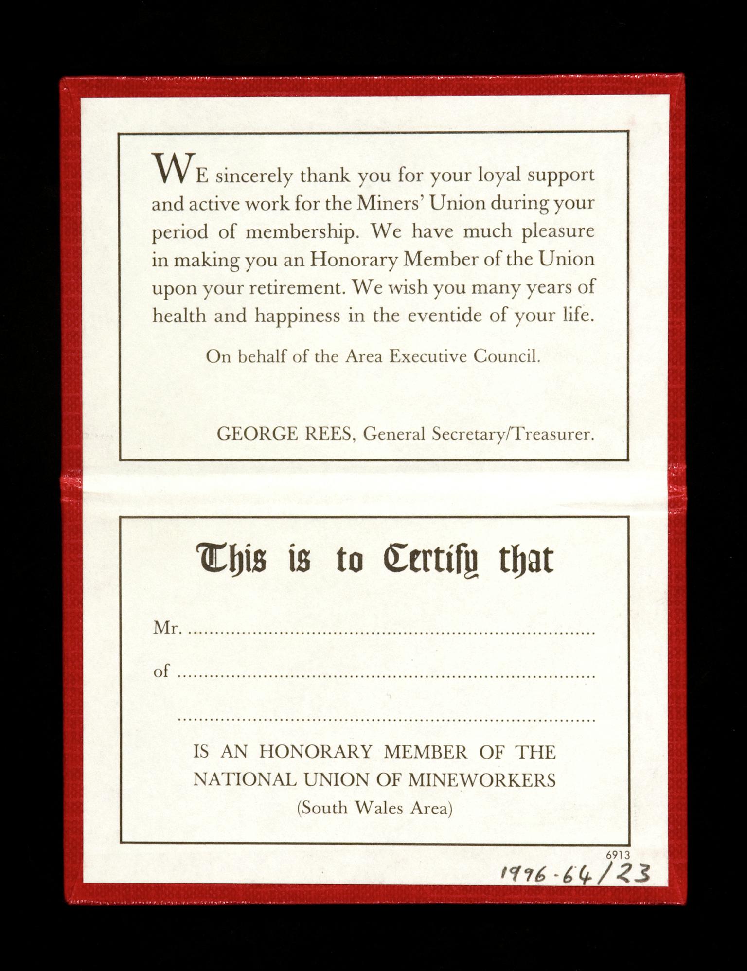 National Union of Mineworkers, membership card