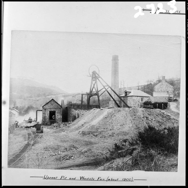 Black and white film negative of a photograph showing the upcast pit and waddle fan, Maritime Colliery c.1900.  'c1900 upcast Maritime' is transcribed from original negative bag.