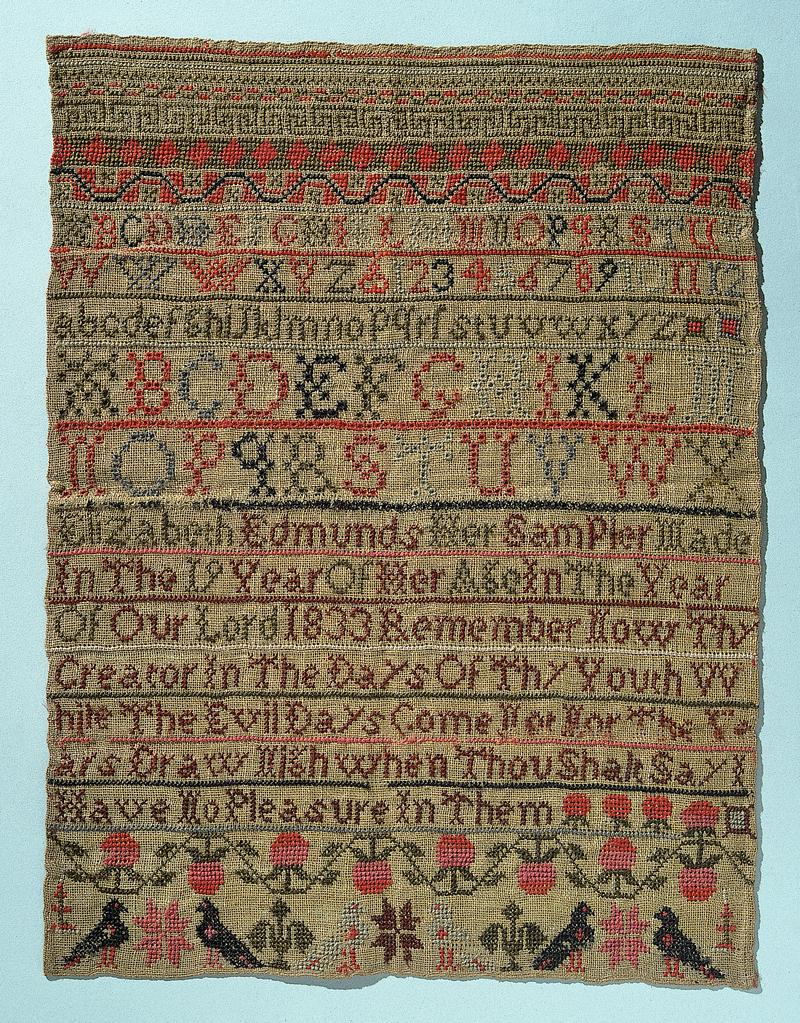 Sampler (alphabet, verse & motifs), made in Lampeter, 1833