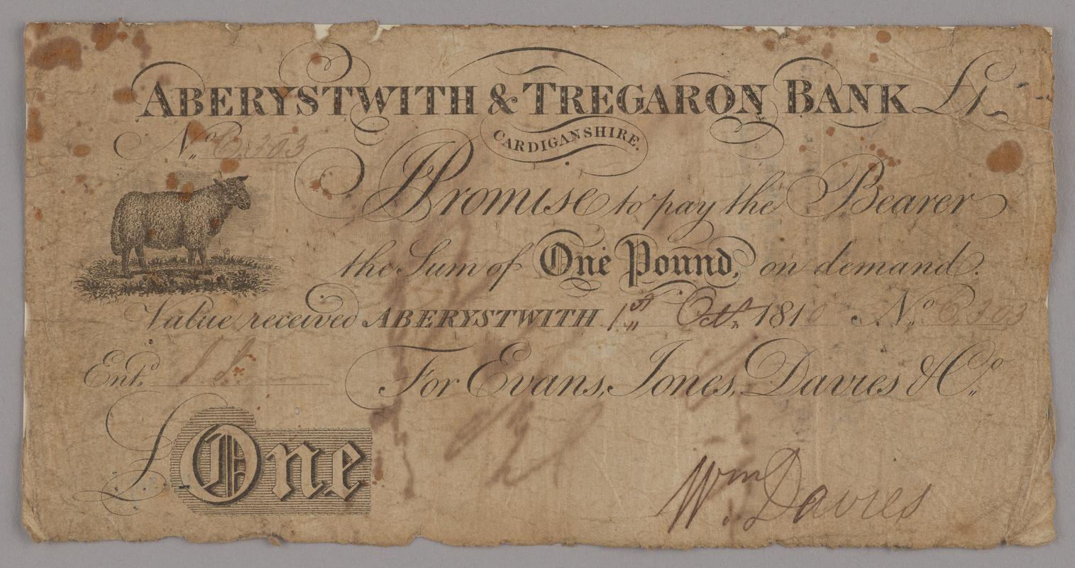 Aberystwith & Tregaron Bank one pound bank note, 1810