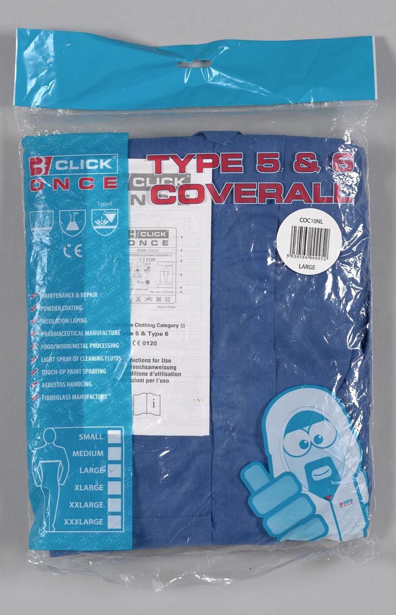 Blue 'Type 5 & 6 Coverall' overalls donated by a builders merchant to Tŷ Doctor. Unopened.