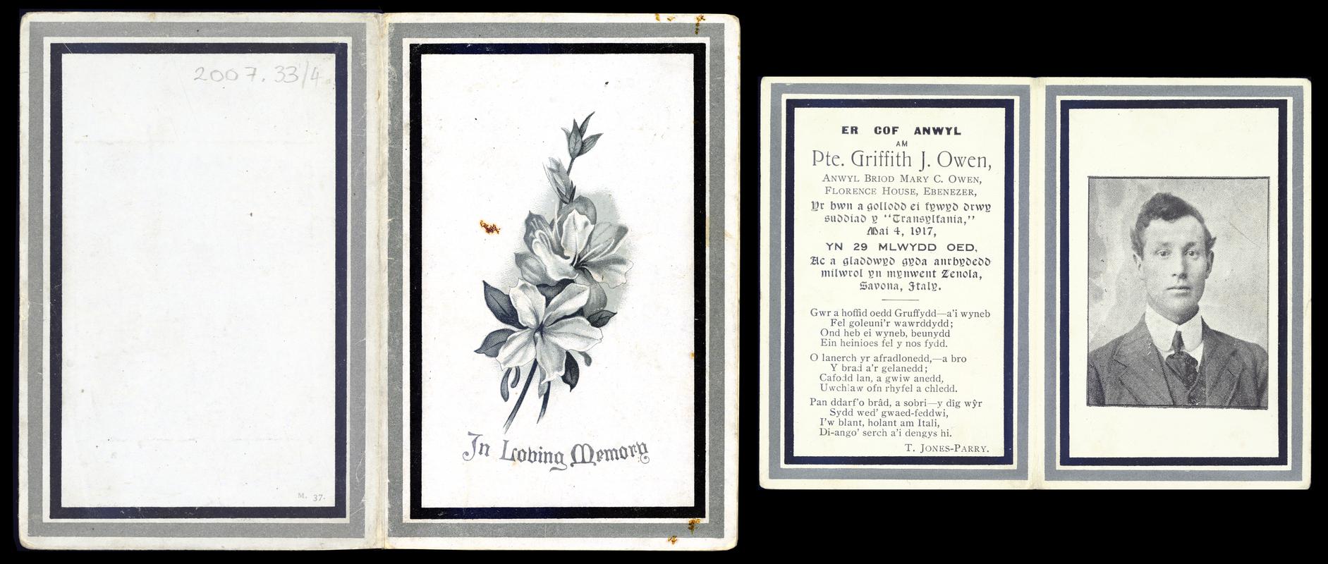 Memorial card for Pte. Griffith J. Owen who died during the First World War on 4th May 1917, aged 29, and buried in Zenola Cemetery, Savona, Italy (front & Back)