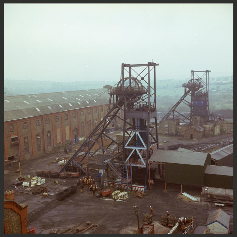 Colour film negative showing the downcast and upcast shafts, Penallta Colliery.