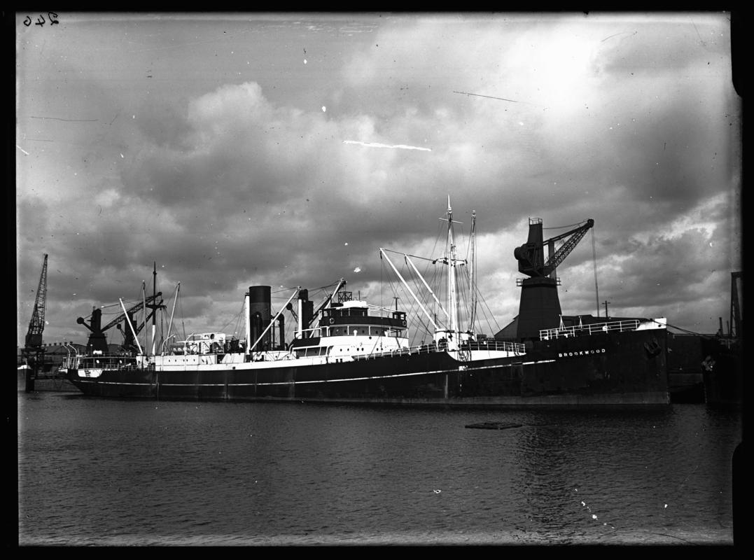 Starboard broadside view of S.S. BROOK WOOD at Cardiff Docks, c.1936.