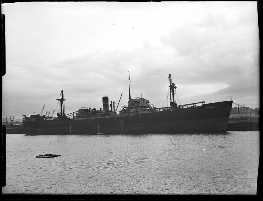 Starboard broadside view of S.S. FORT COVINGTON, Cardiff Docks, 1948.